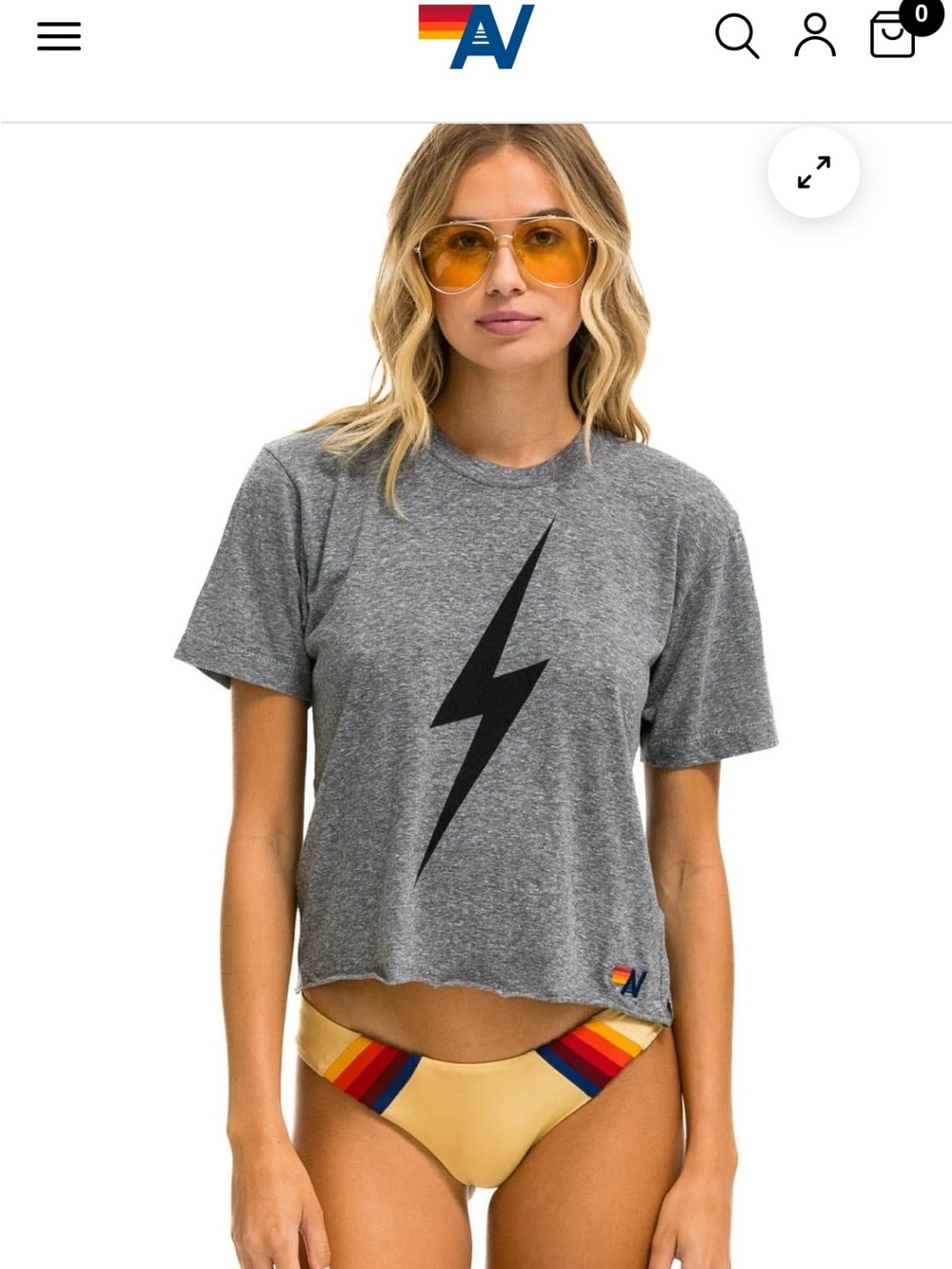 Aviator Nation Grey Cropped Tee with Black Lightning